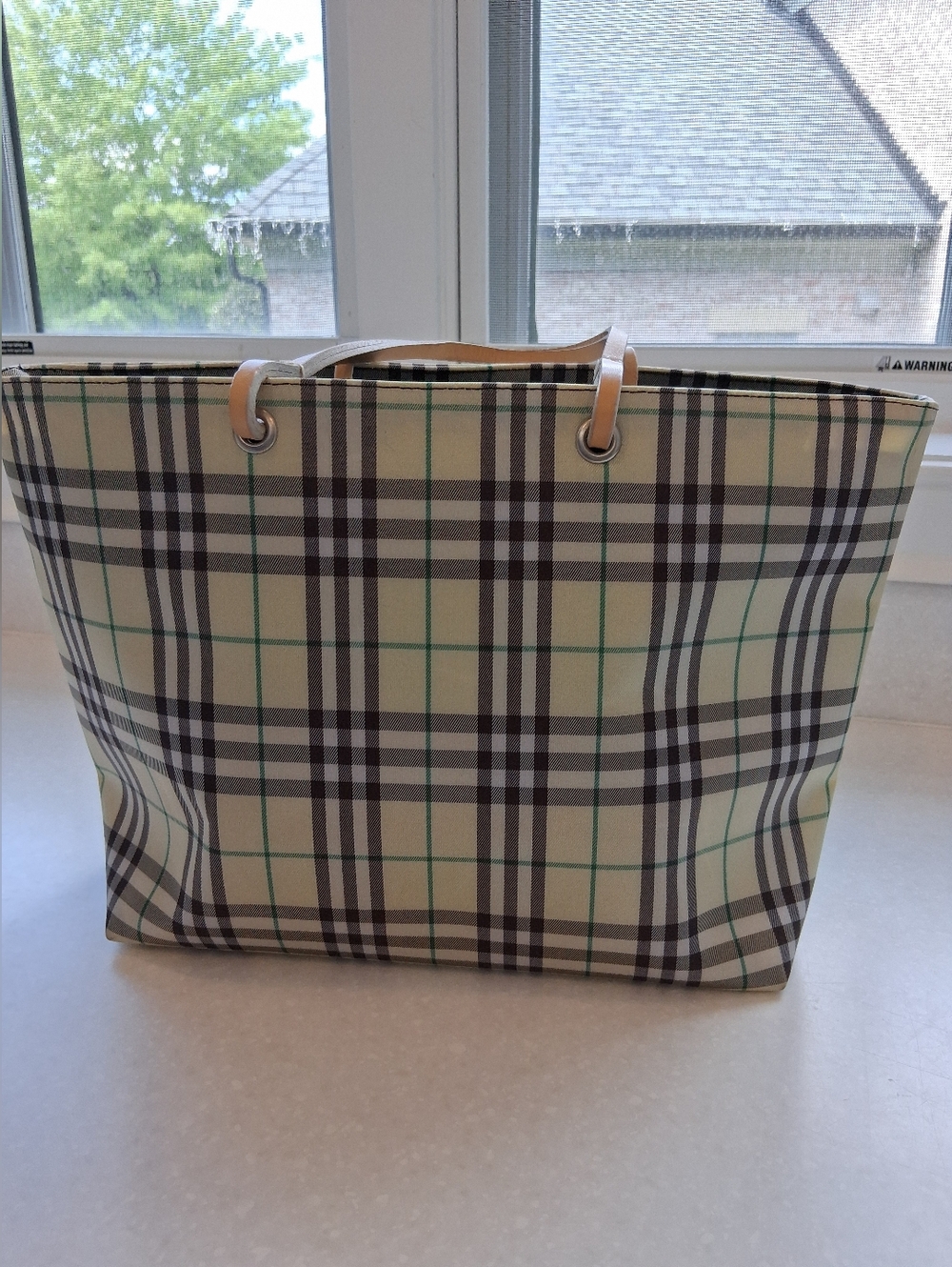 Burberry Cream Plaid Tote with Green Stripe and Tan Handles